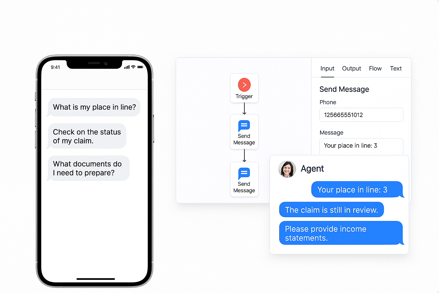 Text.Healthcare Platform showing SMS communications and workflow builder